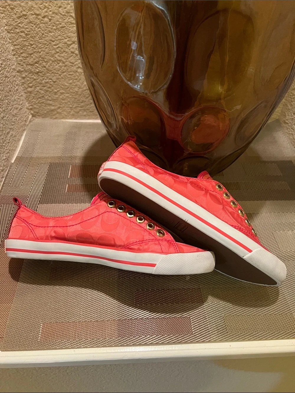 Coach Coral Pink Signature Canvas Slip-On Sneakers